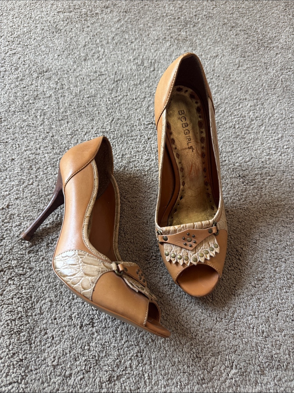 BCBGirls Tan and Cream Peep-Toe High Heels with Stud Accents